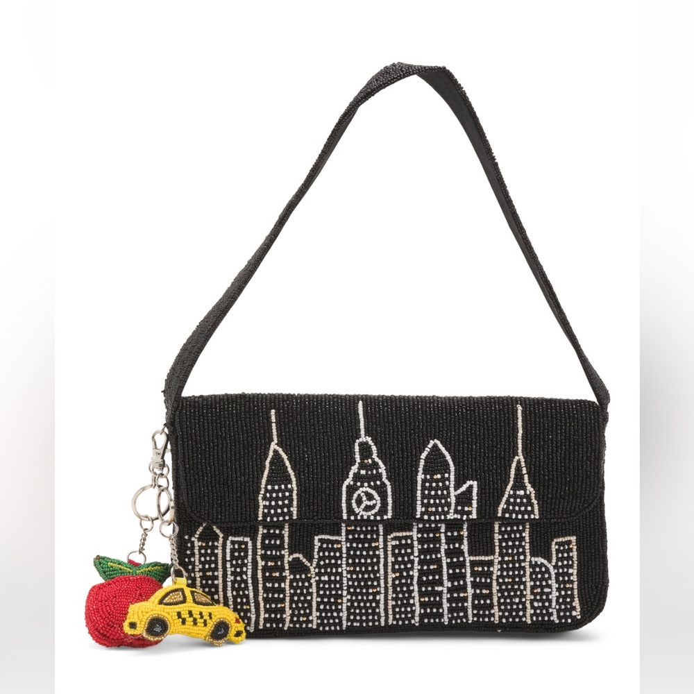 VIRAL BLACK BEADED CITYSCAPE SHOULDER BAG W/ NYC CHARMS